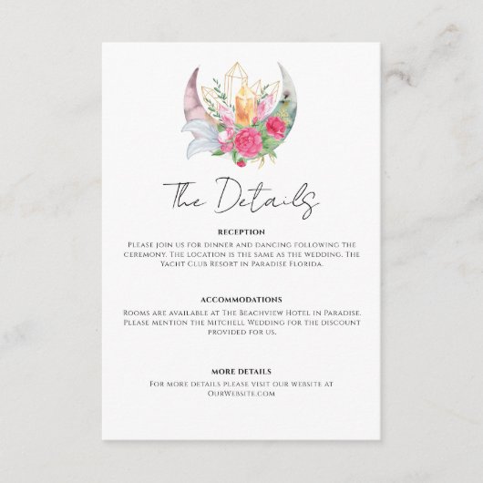 Boho Maan Kristallen Veren Roze Bloemen Bruiloft Informatiekaartje (Voorkant)