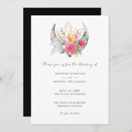 Boho Maan Kristallen Veren Roze Bloemen Bruiloft Kaart