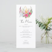 Boho Maan Kristallen Veren Roze Bloemen Bruiloft Menu (Staand voorkant)
