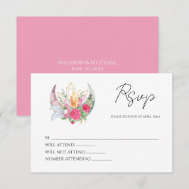 Boho Maan Kristallen Veren Roze Bloemen Bruiloft RSVP Kaartje