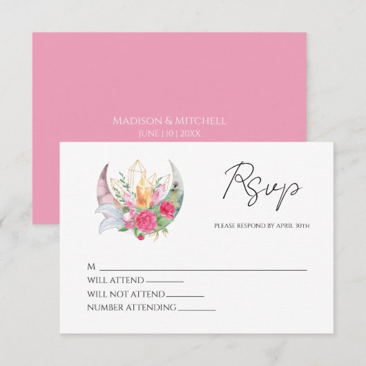 Boho Maan Kristallen Veren Roze Bloemen Bruiloft RSVP Kaartje (Voorkant / Achterkant)