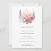 Boho Maan Kristallen Veren Roze Bloemen Bruiloft Save The Date (Voorkant)
