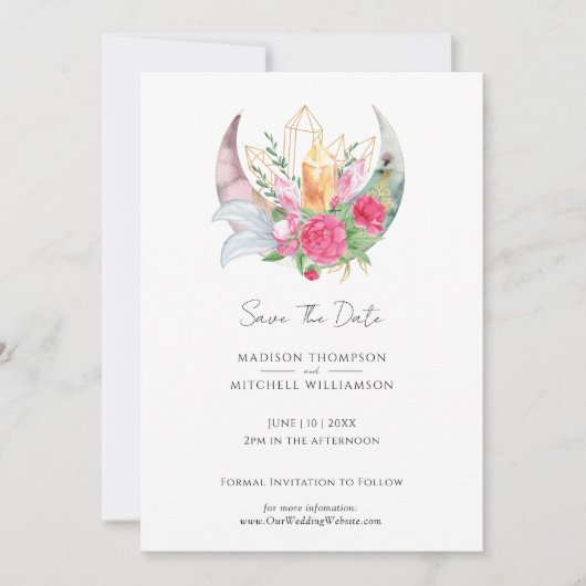 Boho Maan Kristallen Veren Roze Bloemen Bruiloft Save The Date (Voorkant)