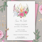 Boho Maan Kristallen Veren Roze Bloemen Bruiloft Save The Date