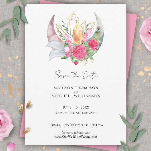 Boho Maan Kristallen Veren Roze Bloemen Bruiloft Save The Date