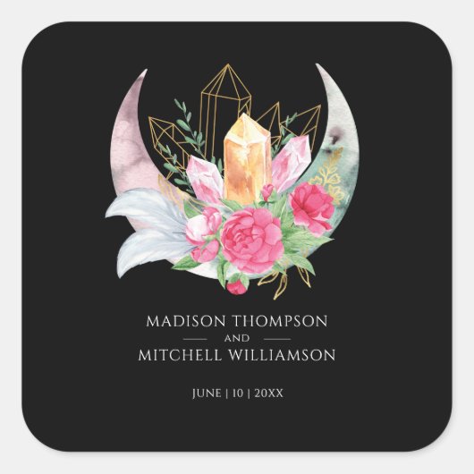 Boho Maan Kristallen Veren Roze Bloemen Bruiloft Vierkante Sticker (Voorkant)