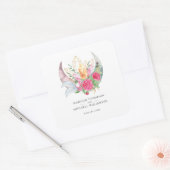 Boho Maan Kristallen Veren Roze Bloemen Bruiloft Vierkante Sticker (Envelop)
