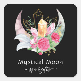 Boho Maan Kristallen Veren Roze Bloemen Esoterisch Vierkante Sticker