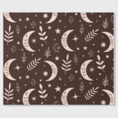 Boho Maan met Bladeren en Sterren Bruin Cadeaupapier (Vlak)