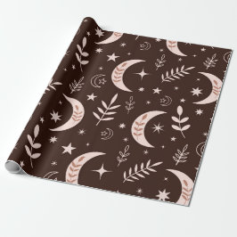 Boho Maan met Bladeren en Sterren Bruin Cadeaupapier