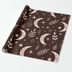 Boho Maan met Bladeren en Sterren Bruin Cadeaupapier
