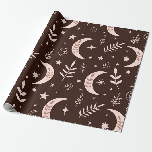 Boho Maan met Bladeren en Sterren Bruin Cadeaupapier (Uitgerold)