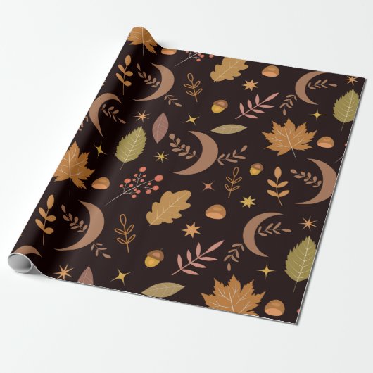 Boho maan met herfstbladerenpatroon cadeaupapier (Uitgerold)