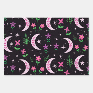 Boho maan met roze bloemen en bladeren inpakpapier vel