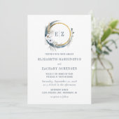 Boho Maan Monogram Krans Indigo Bruiloft Kaart (Staand voorkant)