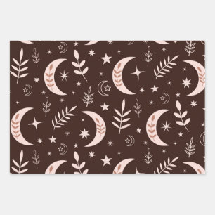 Boho-maanpatroon met bladeren en sterren inpakpapier vel