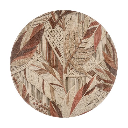 Boho Macrame Tropische Bladeren Terracotta Beige Snijplank (Voorkant)