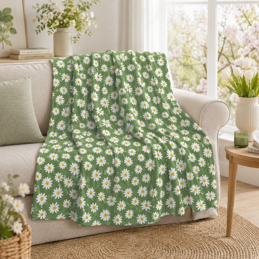 Boho Madeliefjes Bloemmotief Groen Fleece Deken