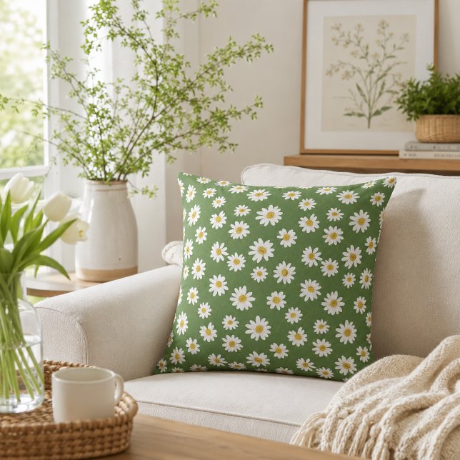 Boho Madeliefjes Bloemmotief Groen Kussen (Creator heeft geüpload)