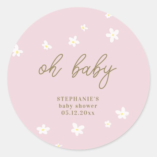 Boho madeliefjes blush roze goud oh baby meisje do ronde sticker (Voorkant)