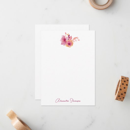 Boho Magenta Flowers Gepersonaliseerde naam Statio Notitiekaartje (Voorkant / Achterkant in situ)