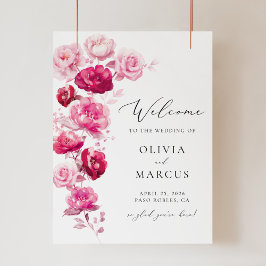 Boho Magenta Hot Roze Bloemen Bruiloft Welkomstbor Poster