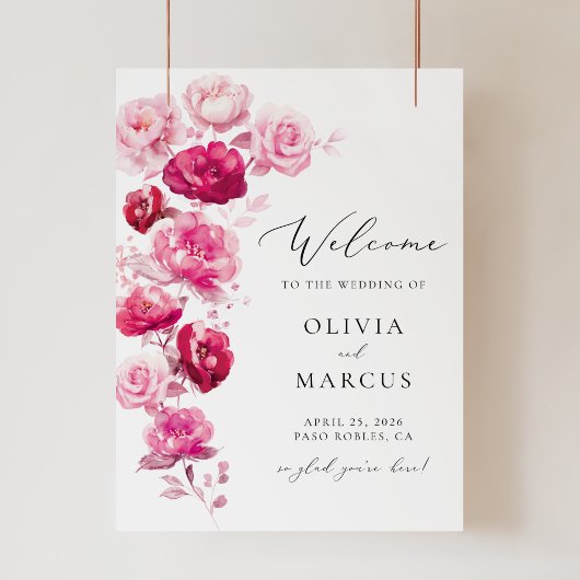 Boho Magenta Hot Roze Bloemen Bruiloft Welkomstbor Poster