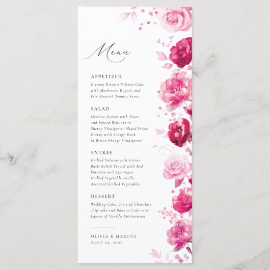 Boho Magenta Hot Roze Bloemen Elegant Bruiloft Menu (Voorkant)