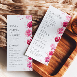 Boho Magenta Hot Roze Bloemen Elegant Bruiloft Programmakaart