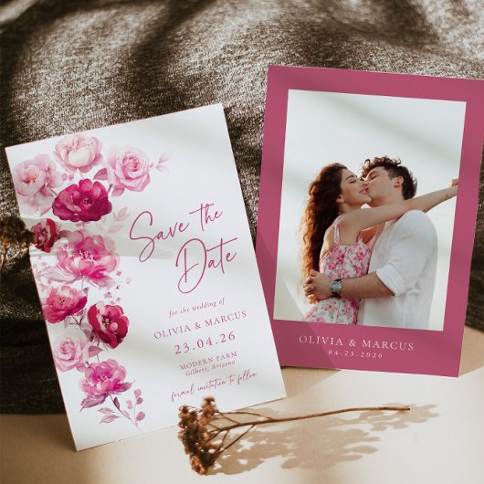 Boho Magenta Hot Roze Roos Bloemen Bruiloft Foto Save The Date