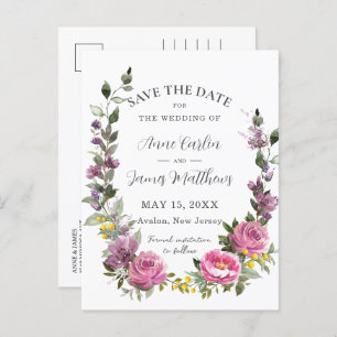 Boho Magenta Paarse Bloemen Bruiloft Save the Date Aankondigingskaart