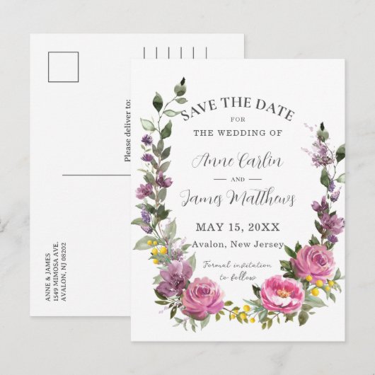 Boho Magenta Paarse Bloemen Bruiloft Save the Date Aankondigingskaart (Voorkant / Achterkant)