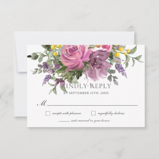 Boho Magenta Paarse Roze Mauve Bloemenbruiloft RSVP Kaartje (Voorkant)
