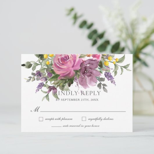 Boho Magenta Paarse Roze Mauve Bloemenbruiloft RSVP Kaartje (Staand voorkant)