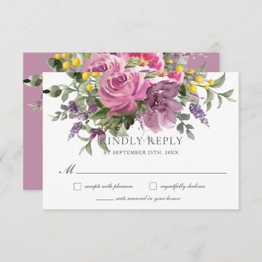 Boho Magenta Paarse Roze Mauve Bloemenbruiloft RSVP Kaartje (Voorkant / Achterkant)