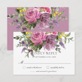 Boho Magenta Paarse Roze Mauve Bloemenbruiloft RSVP Kaartje