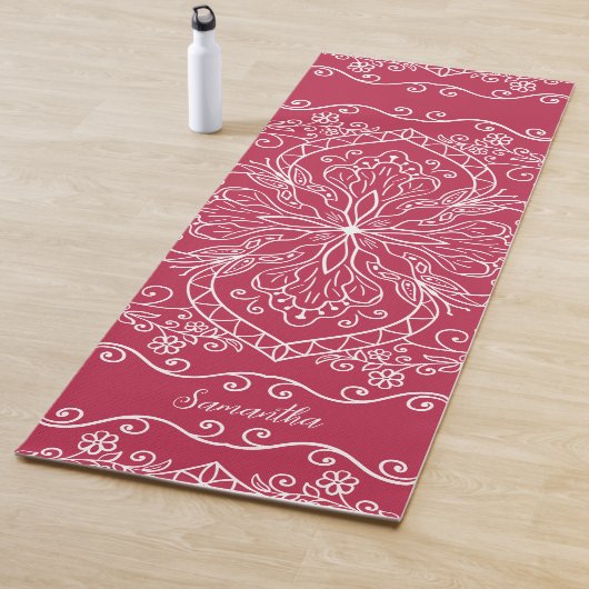 Boho Magenta Red Pink Mandala Elegant Monogrammed Yogamat (In situ)