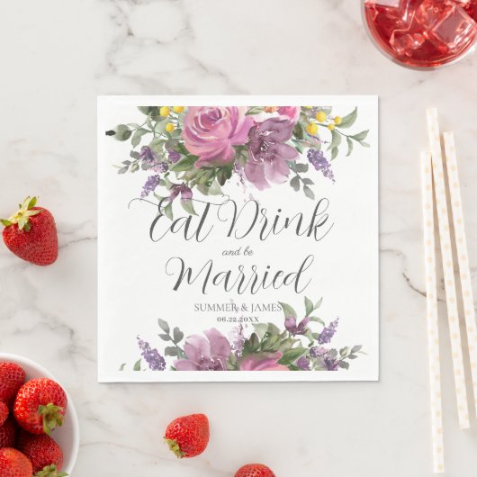 Boho Magenta Roze Paarse Bloemen Bruiloft Eet Drin Servet (Insitu)