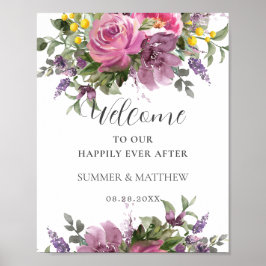 Boho Magenta Roze Paarse Bloemen Bruiloft Welkom Poster