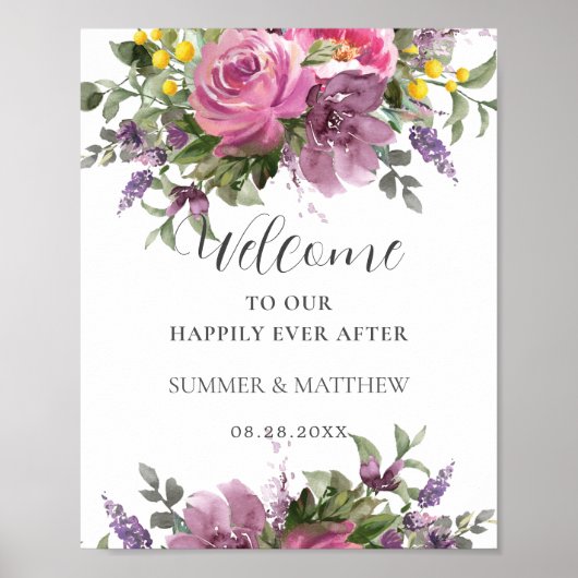 Boho Magenta Roze Paarse Bloemen Bruiloft Welkom Poster (Voorkant)
