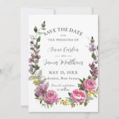Boho magenta roze Paarse geel bloemenbruiloft Save The Date (Voorkant)