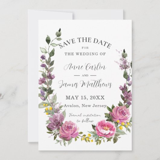Boho magenta roze Paarse geel bloemenbruiloft Save The Date (Voorkant)