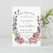 Boho magenta roze Paarse geel bloemenbruiloft Save The Date (Staand voorkant)