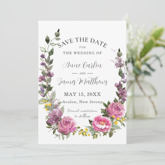 Boho magenta roze Paarse geel bloemenbruiloft Save The Date (Staand voorkant)