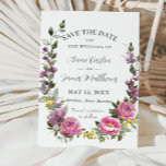 Boho magenta roze Paarse geel bloemenbruiloft Save The Date<br><div class="desc">Deze elegante boho bruiloft save the date heeft prachtige waterverf magenta, roze pioen rozen, paarse lavendel, mauve en gele bloemen en een rustieke groene krans. Deze levendige bruiloft bespaart de datum is perfect voor de zomer en lente bruiloft. Personaliseer het eenvoudig en snel met uw gegevens, druk op de knop...</div>