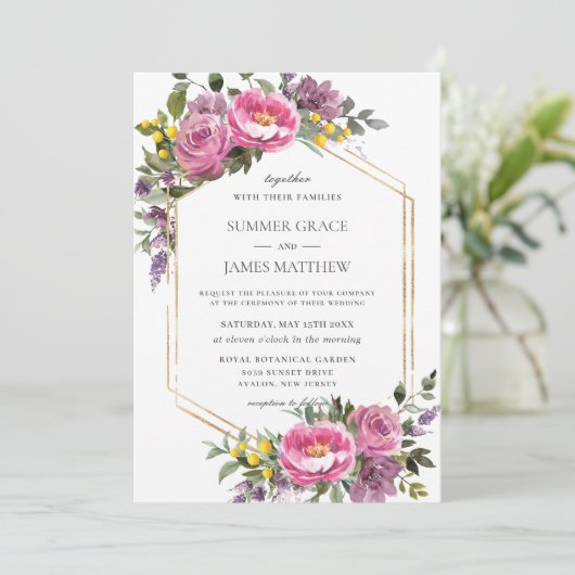 Boho Magenta Roze Paarse Geometrische Bruiloft Kaart (Staand voorkant)