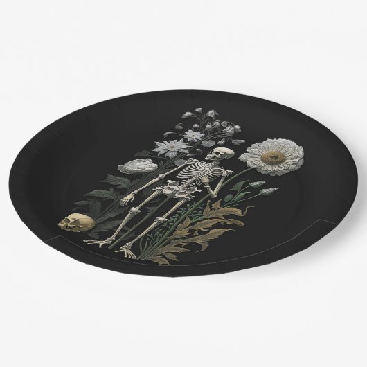 boho magie floraal skelet in zwart papieren bordje (Gekanteld)