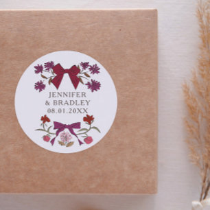 Boho Magneta Ribbons Floral Wedding Favoriet Ronde Sticker