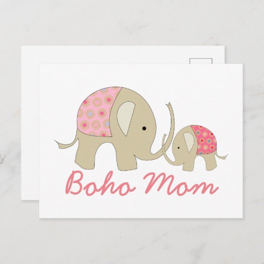 Boho Mam, Roze Elephant Briefkaart (Voorkant / Achterkant)