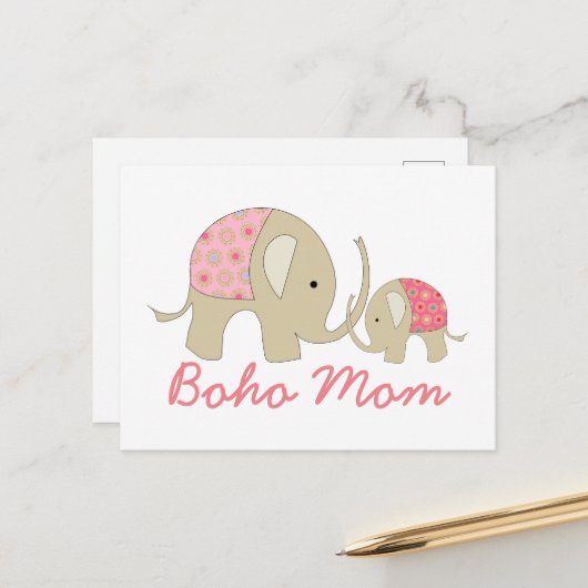 Boho Mam, Roze Elephant Briefkaart (Voorkant / Achterkant in situ)